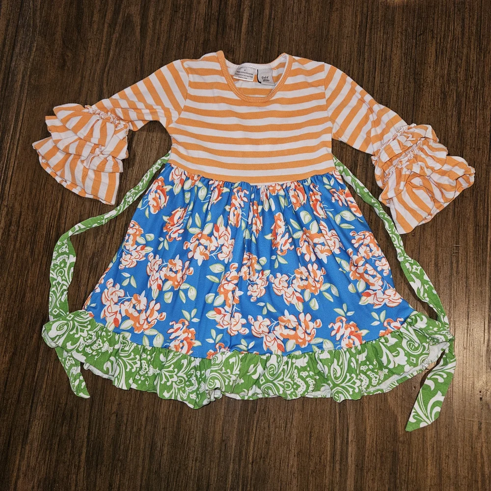 Vibrant Kids Dress with Orange Stripes and Floral Design